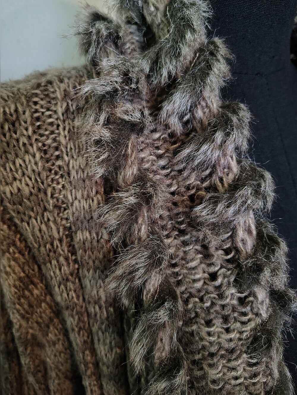 RXB Brown Wool Blend Faux-Fur Trim Belted Boho Cardigan Sweater Women Teen Large - Picture 11 of 13